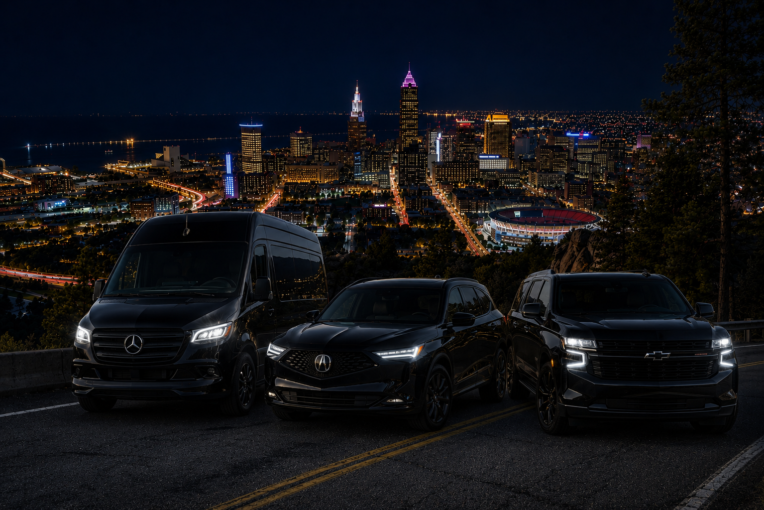 Amir's Transportation luxury fleet overlooking the Cleveland skyline at night