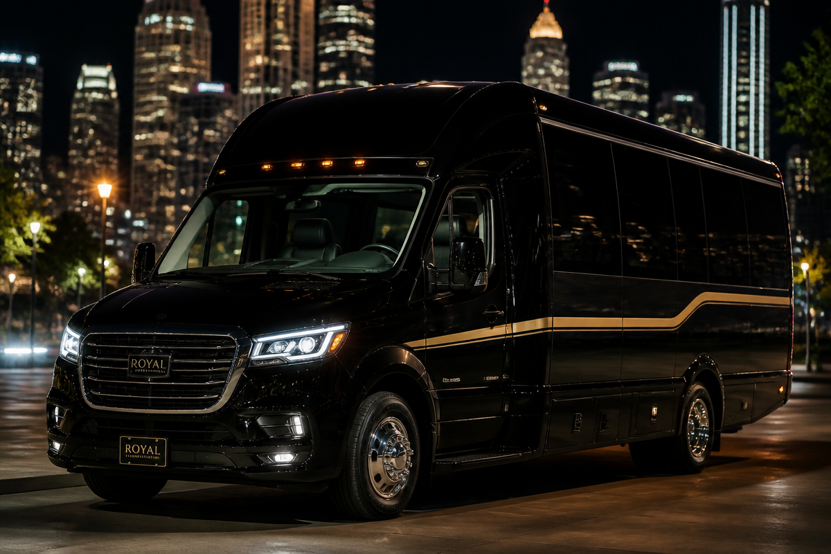 Black executive shuttle bus with city skyline at night